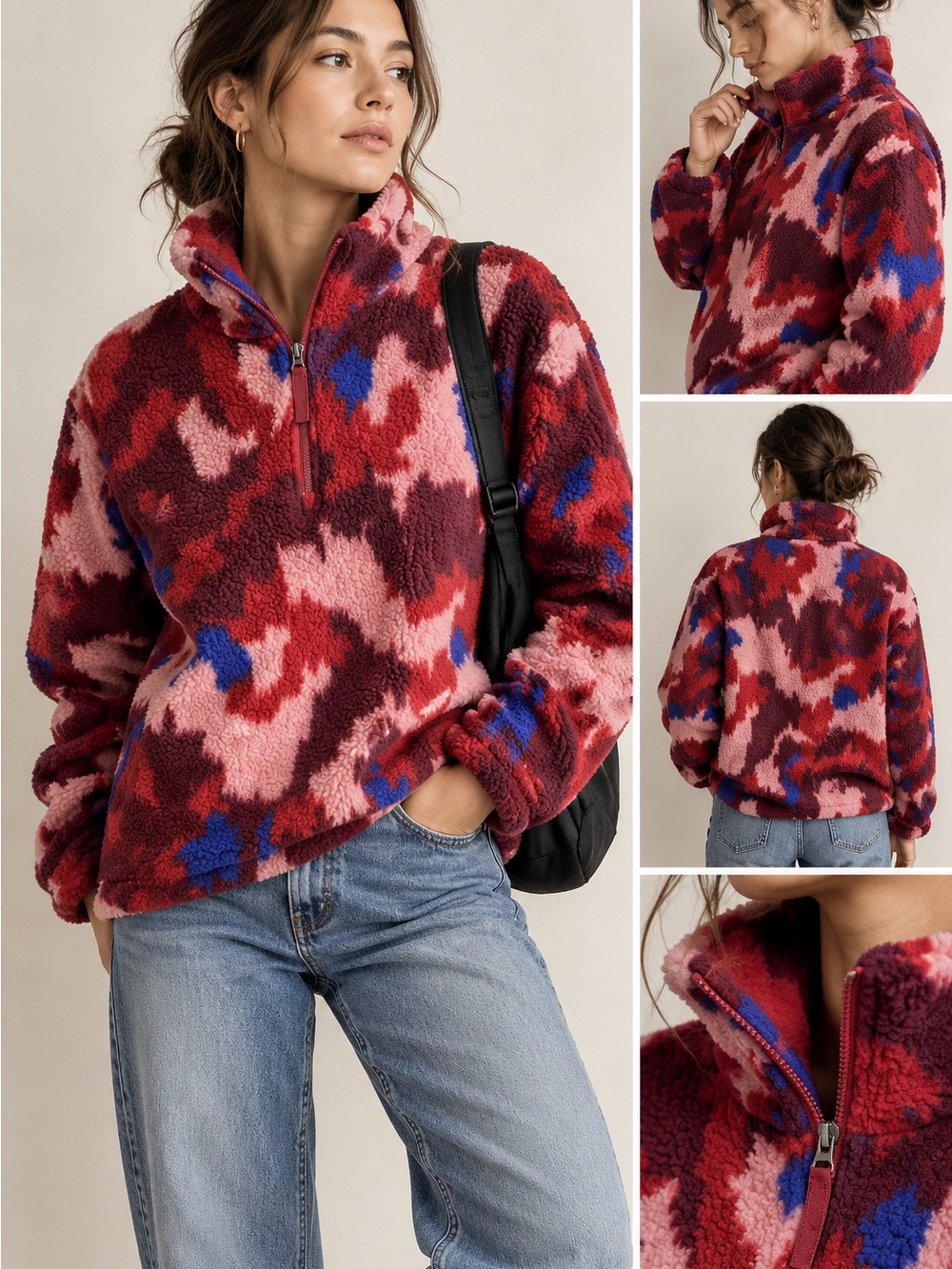 Eddie Bauer Abstract Camo Fleece Pullover Red Blue Pink Half Zip Gorpcore M